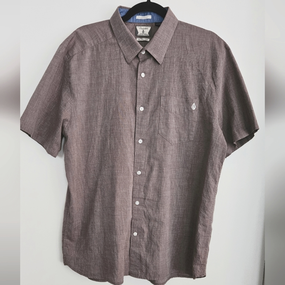 Volcom Mens Large Brown Short Sleeve Button-Up Lightweight Casual Cotton